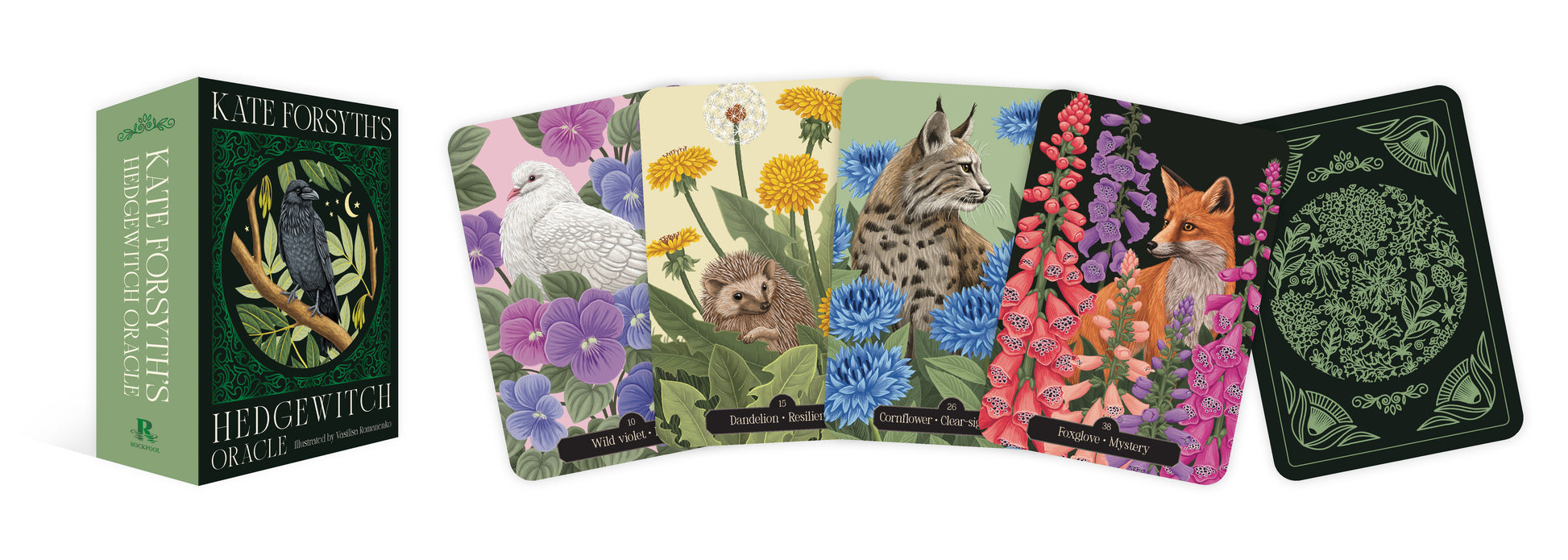 Set of Kate Forsythe's Hedge Witch Oracle cards with colorful illustrations on a white background.