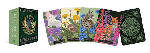 Set of Kate Forsythe's Hedge Witch Oracle cards with colorful illustrations on a white background.