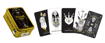 Set of Macabre tarot Pocket edition cards with a yellow tin box on a white background
