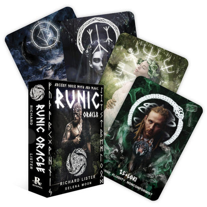 Set of Runic Oracle cards with a box and images of people on a white background