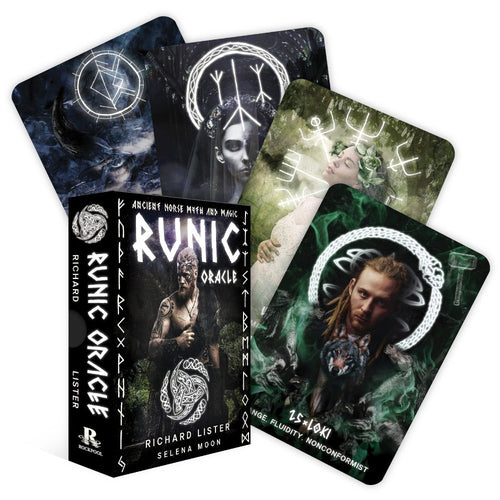 Set of Runic Oracle cards with a box and images of people on a white background