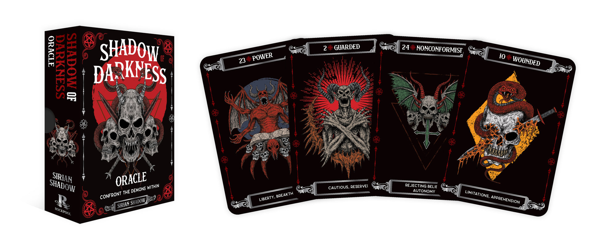 Set of 'Shadow Darkness' oracle cards with a box on a white background