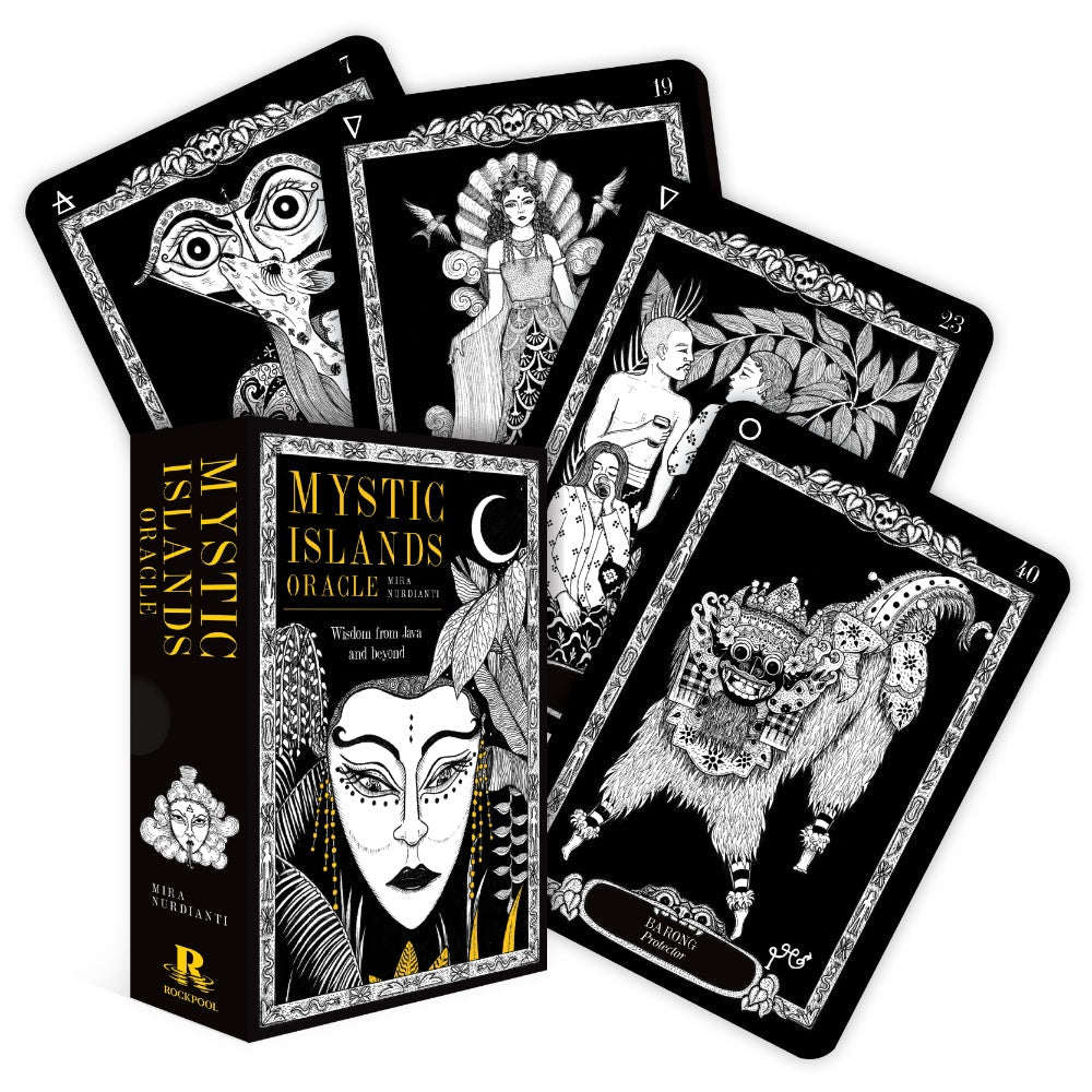 Set of cards titled 'Mystic Islands Oracle' with black and white illustrations on a white background.
