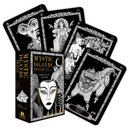 Set of cards titled 'Mystic Islands Oracle' with black and white illustrations on a white background.