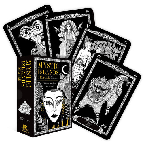 Set of cards titled 'Mystic Islands Oracle' with black and white illustrations on a white background.