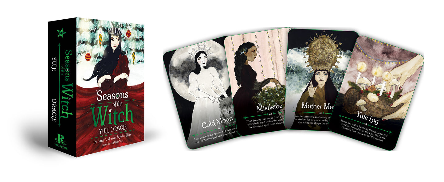 Set of cards titled 'Seasons of the Witch' with illustrated characters on a white background