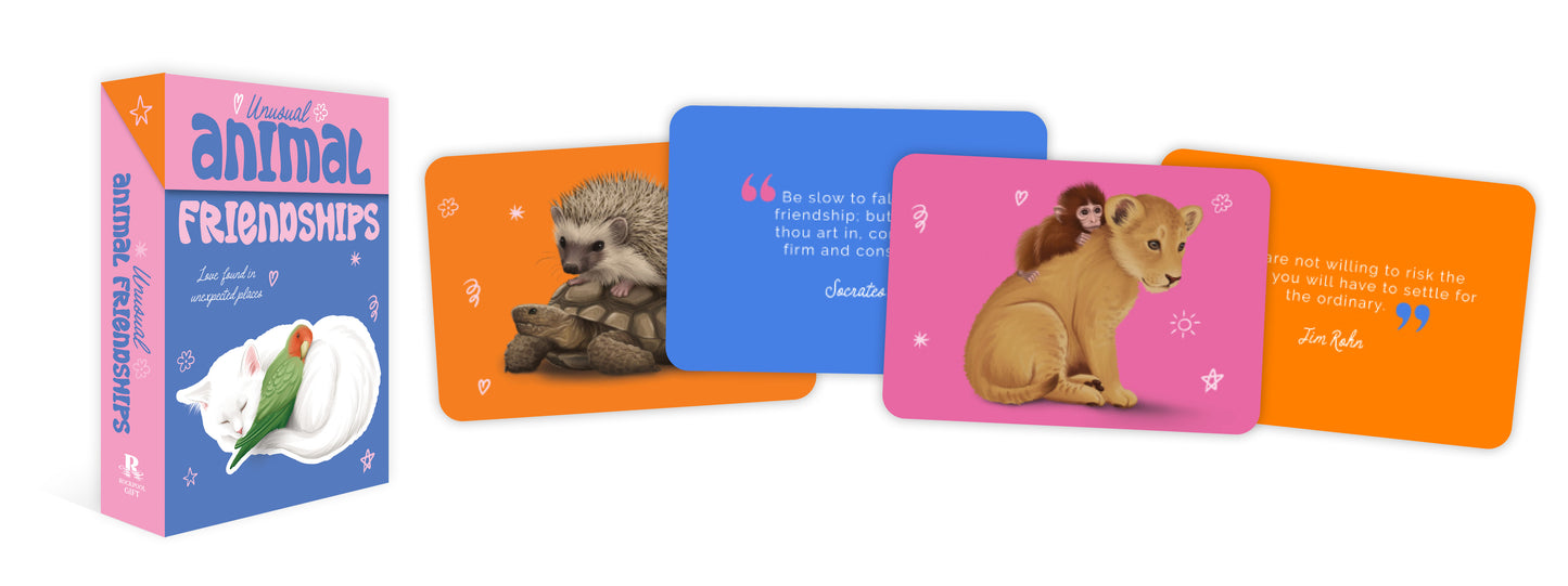 Set of unusual animal friendships cards with colorful backgrounds
