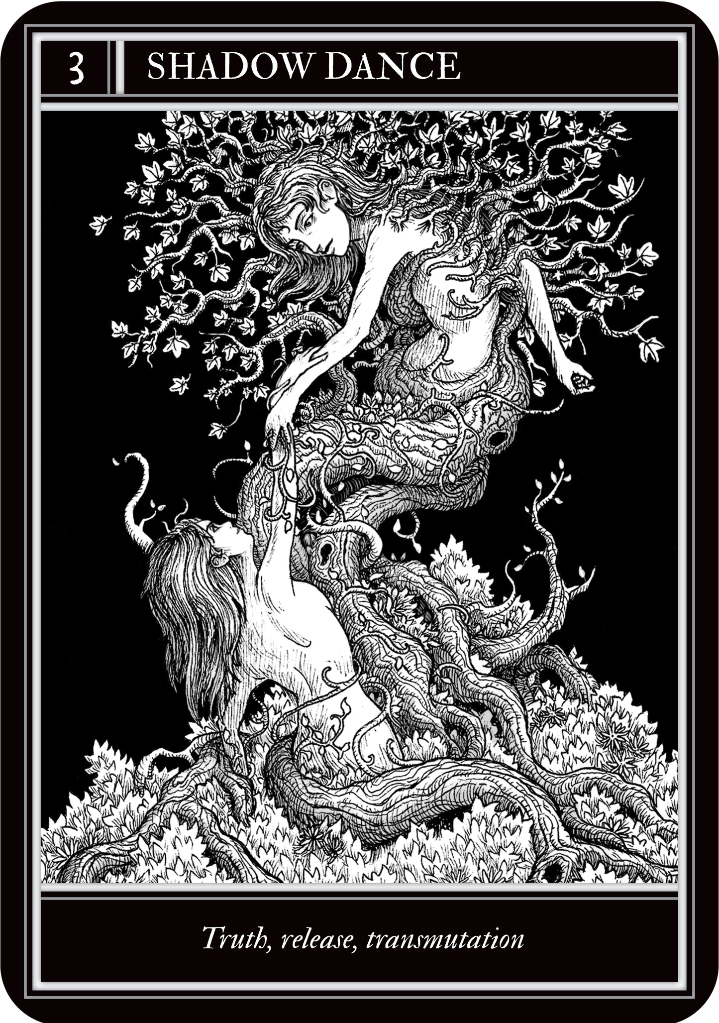 Tarot card titled 'Shadow Dance' with black and white illustration of intertwined figures and text.