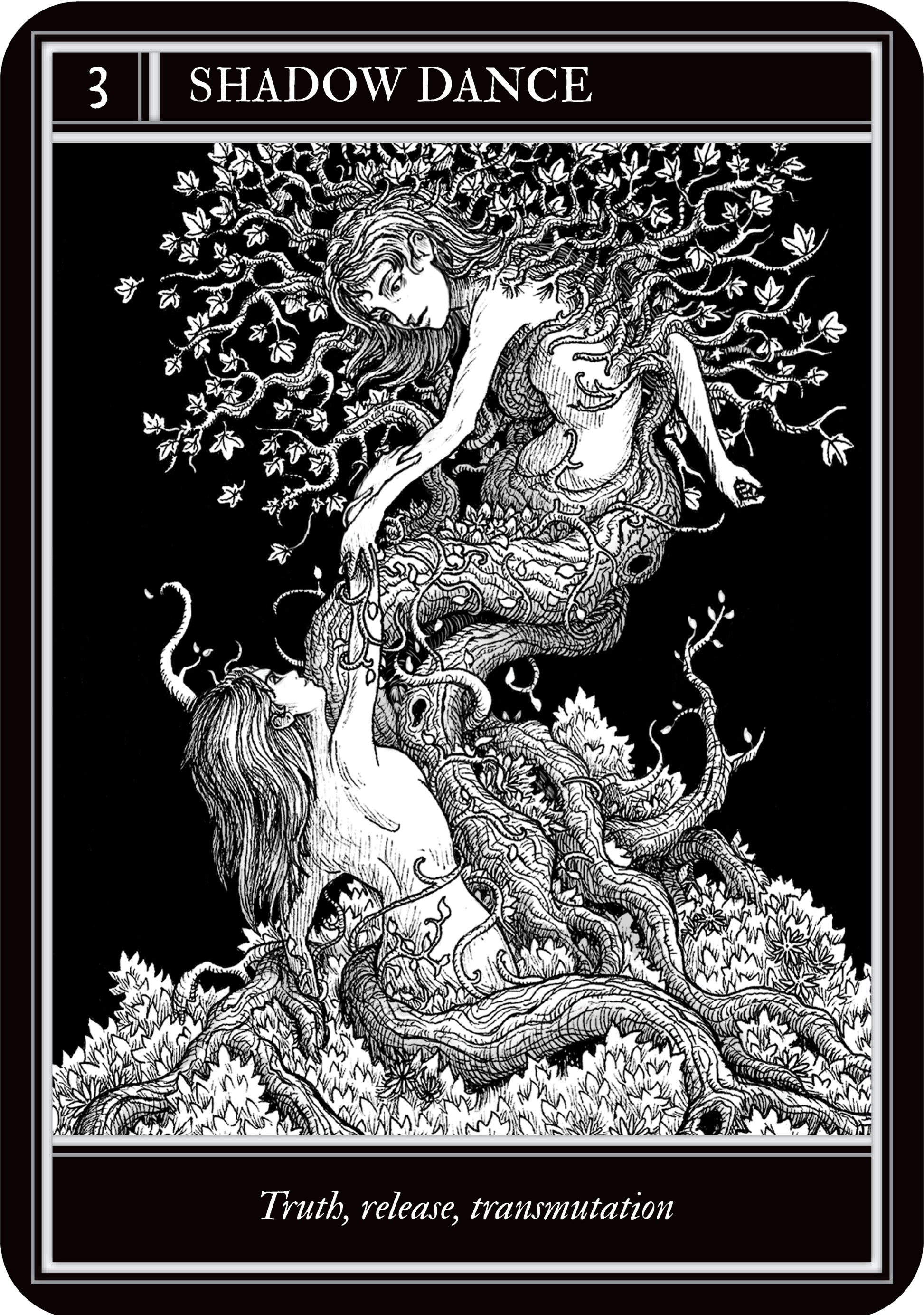 Tarot card titled 'Shadow Dance' with black and white illustration of intertwined figures and text.