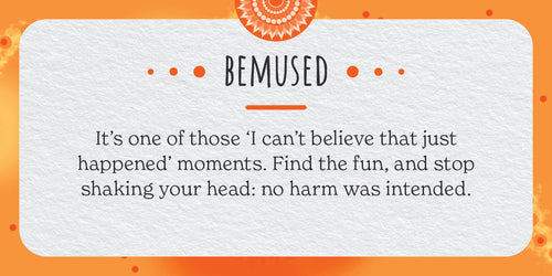 Card with the word 'BEMUSED' and a definition on an orange background