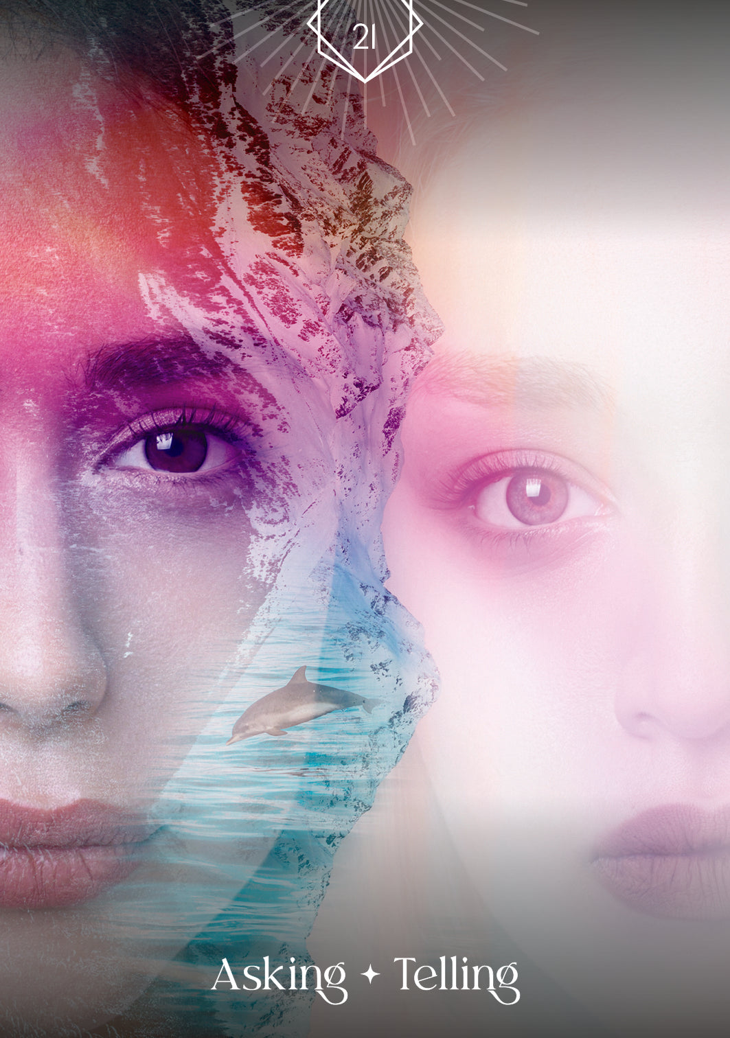 Artistic depiction of a face with abstract elements and text 'Asking + Telling' on a gradient background.