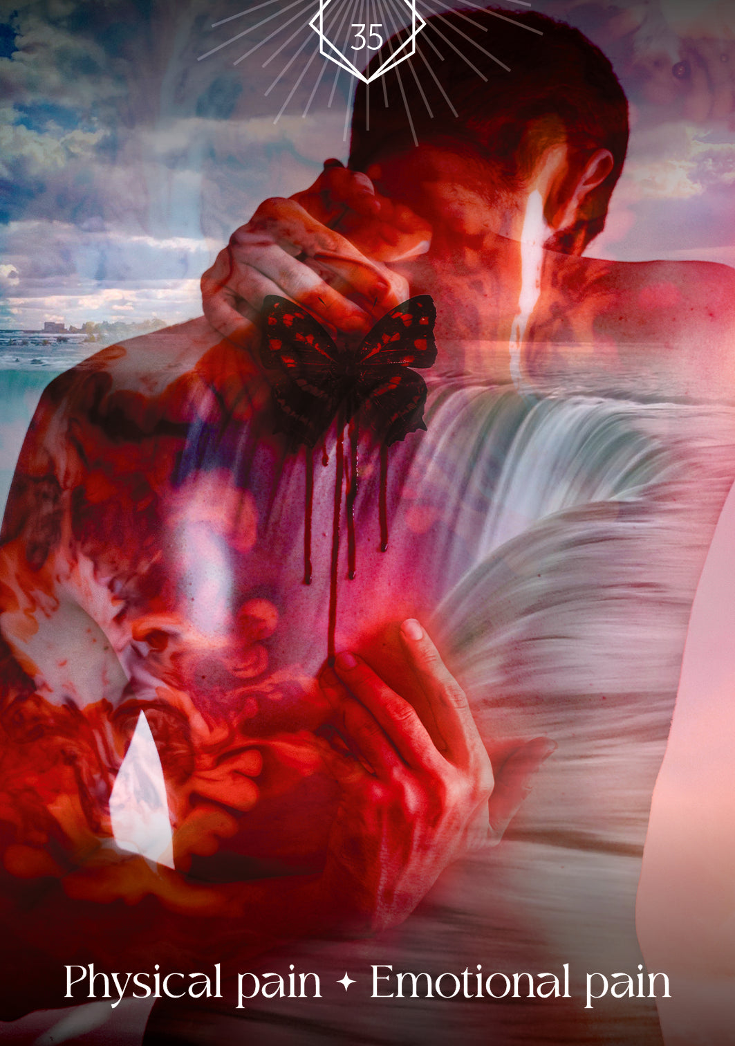 Person holding a butterfly with a colorful, abstract background and text indicating 'Physical pain + Emotional pain'.