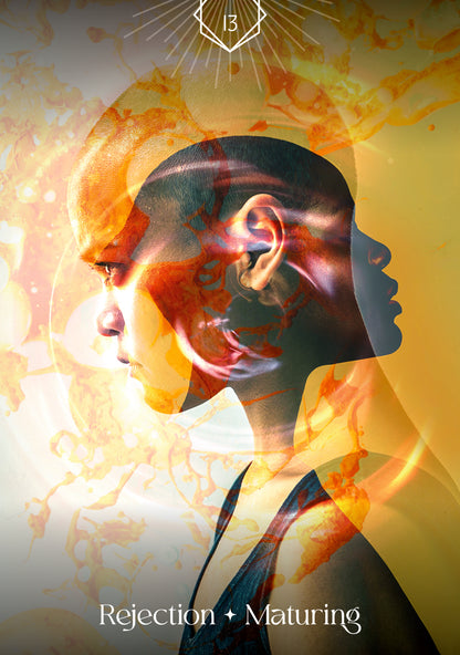 Artistic depiction of a silhouette with colorful interior, titled 'Rejection + Maturing'.