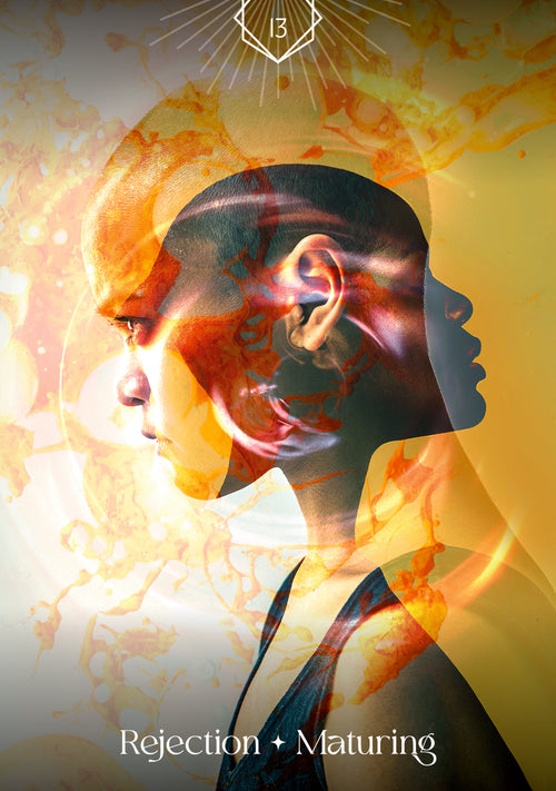 Artistic depiction of a silhouette with colorful interior, titled 'Rejection + Maturing'.