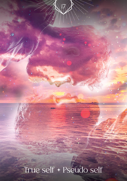 Abstract design with cosmic elements and text 'True self + Pseudo self' on a colorful background.