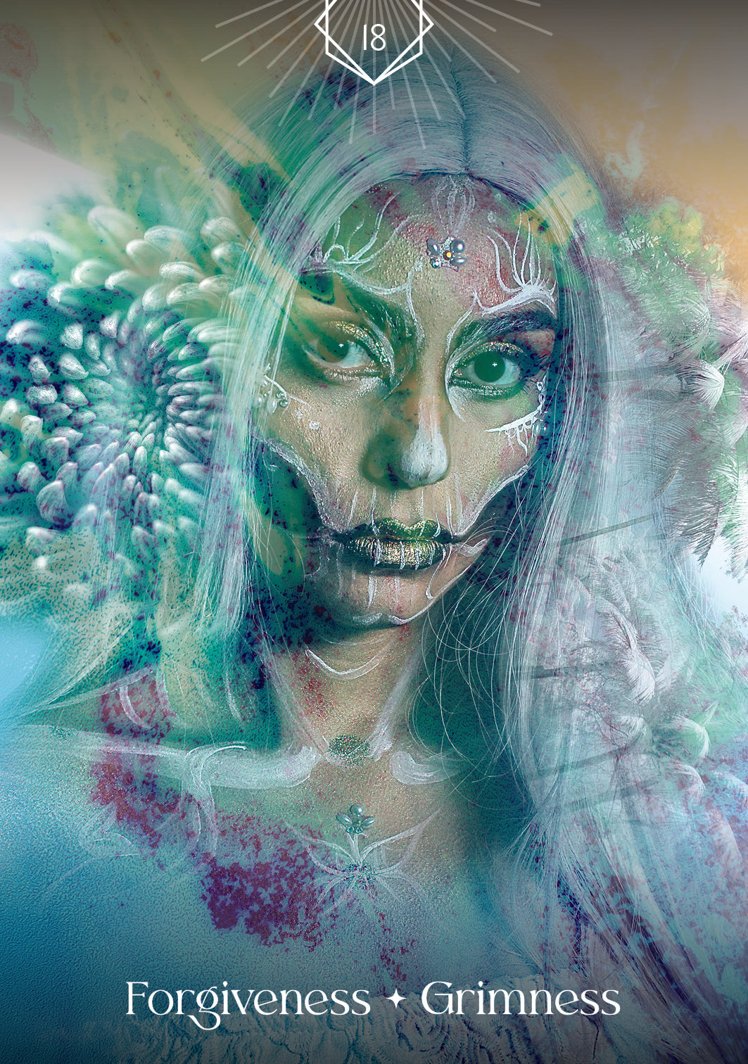 Artistic depiction of a face with green and purple hues, surrounded by abstract designs.