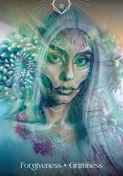 Artistic depiction of a face with green and purple hues, surrounded by abstract designs.