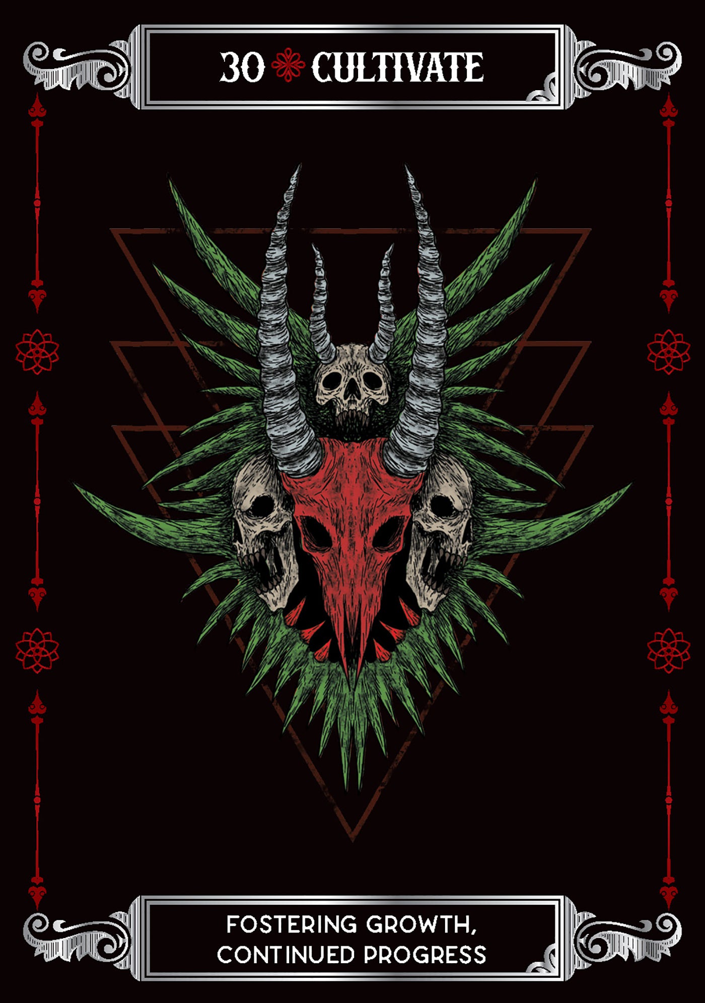 Artistic design with a skull and horns on a black background, featuring text '30 Cultivate' and 'Fostering Growth, Continued Progress'.