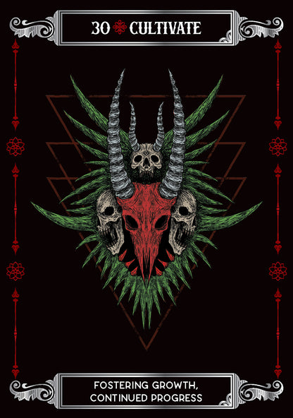Artistic design with a skull and horns on a black background, featuring text '30 Cultivate' and 'Fostering Growth, Continued Progress'.