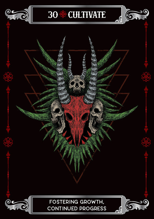 Artistic design with a skull and horns on a black background, featuring text '30 Cultivate' and 'Fostering Growth, Continued Progress'.