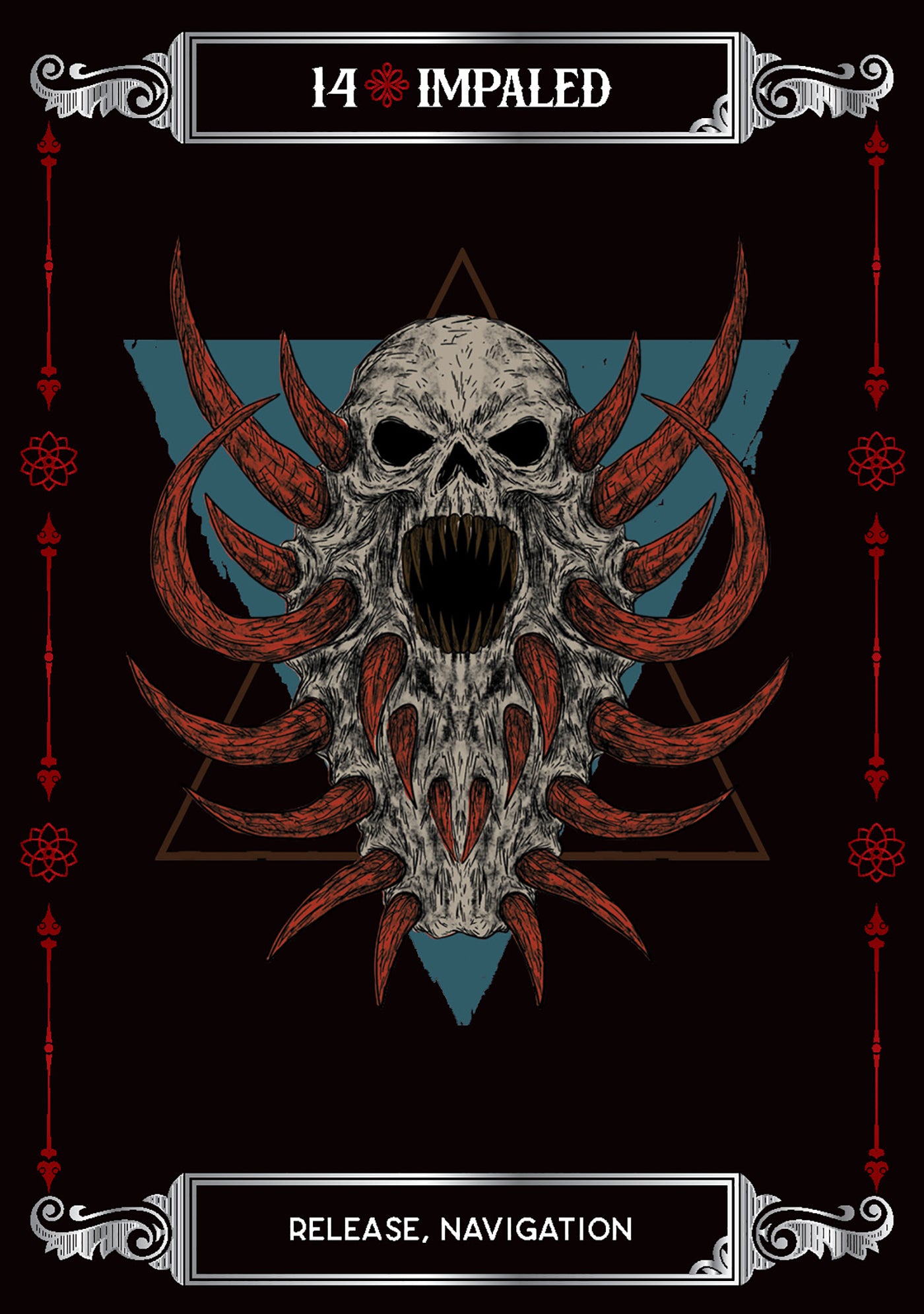 Skull with red accents and geometric design on a black background with '14 Impaled' branding.