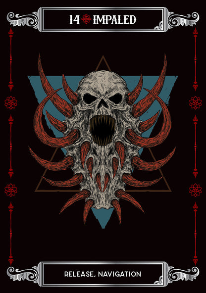 Skull with red accents and geometric design on a black background with '14 Impaled' branding.