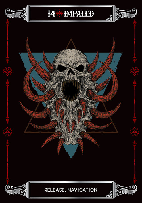 Skull with red accents and geometric design on a black background with '14 Impaled' branding.