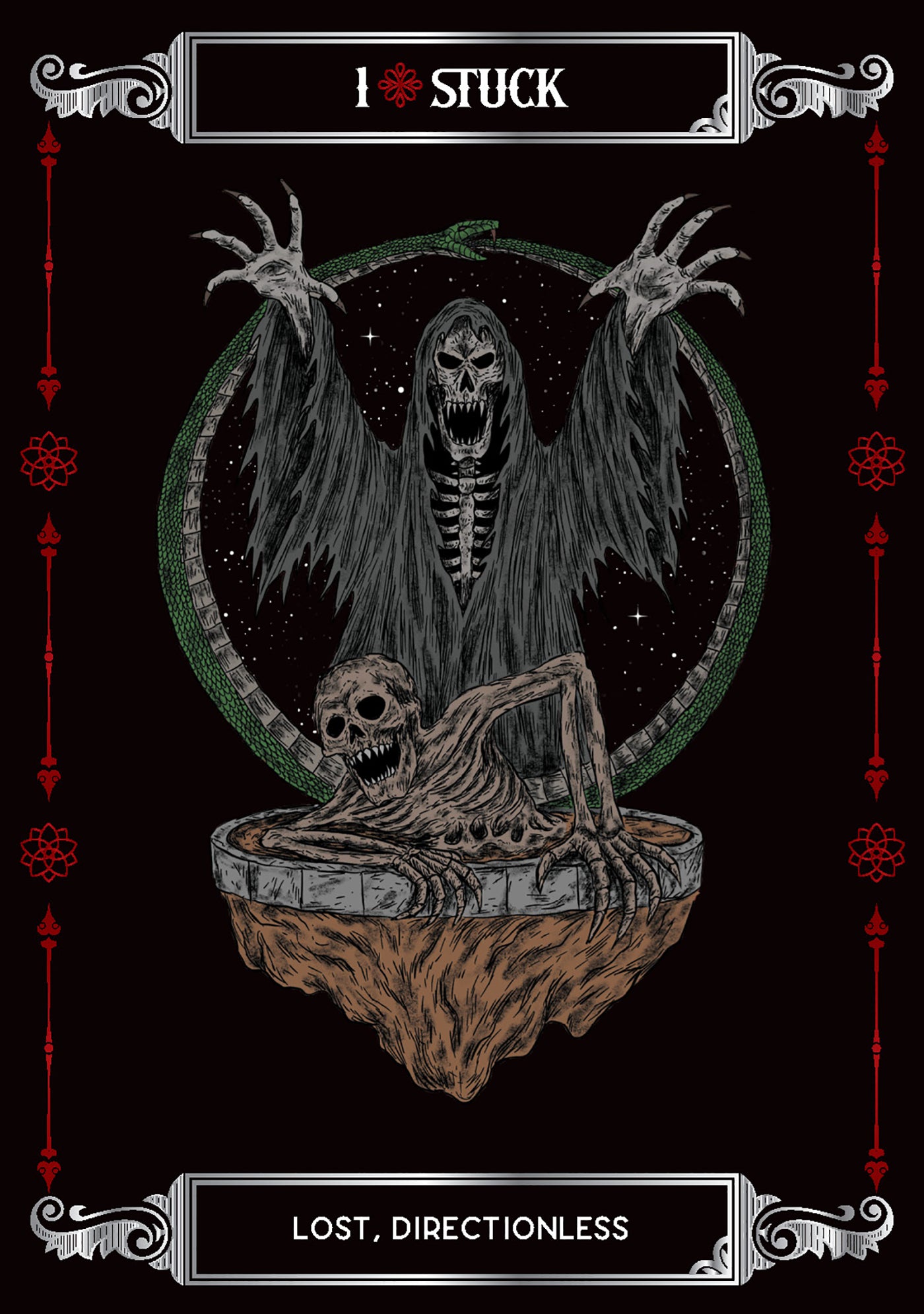 Skeletal figure with outstretched arms and a floating platform with another skeleton, set against a dark background with decorative elements.