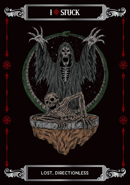 Skeletal figure with outstretched arms and a floating platform with another skeleton, set against a dark background with decorative elements.