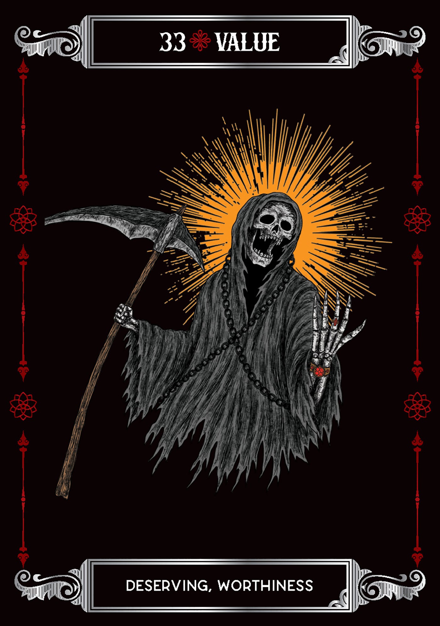 Gothic-style illustration of a skeleton with a scythe on a black background with decorative elements.