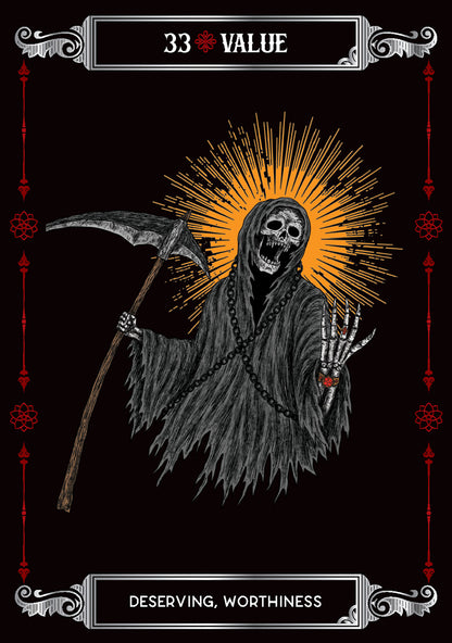 Gothic-style illustration of a skeleton with a scythe on a black background with decorative elements.