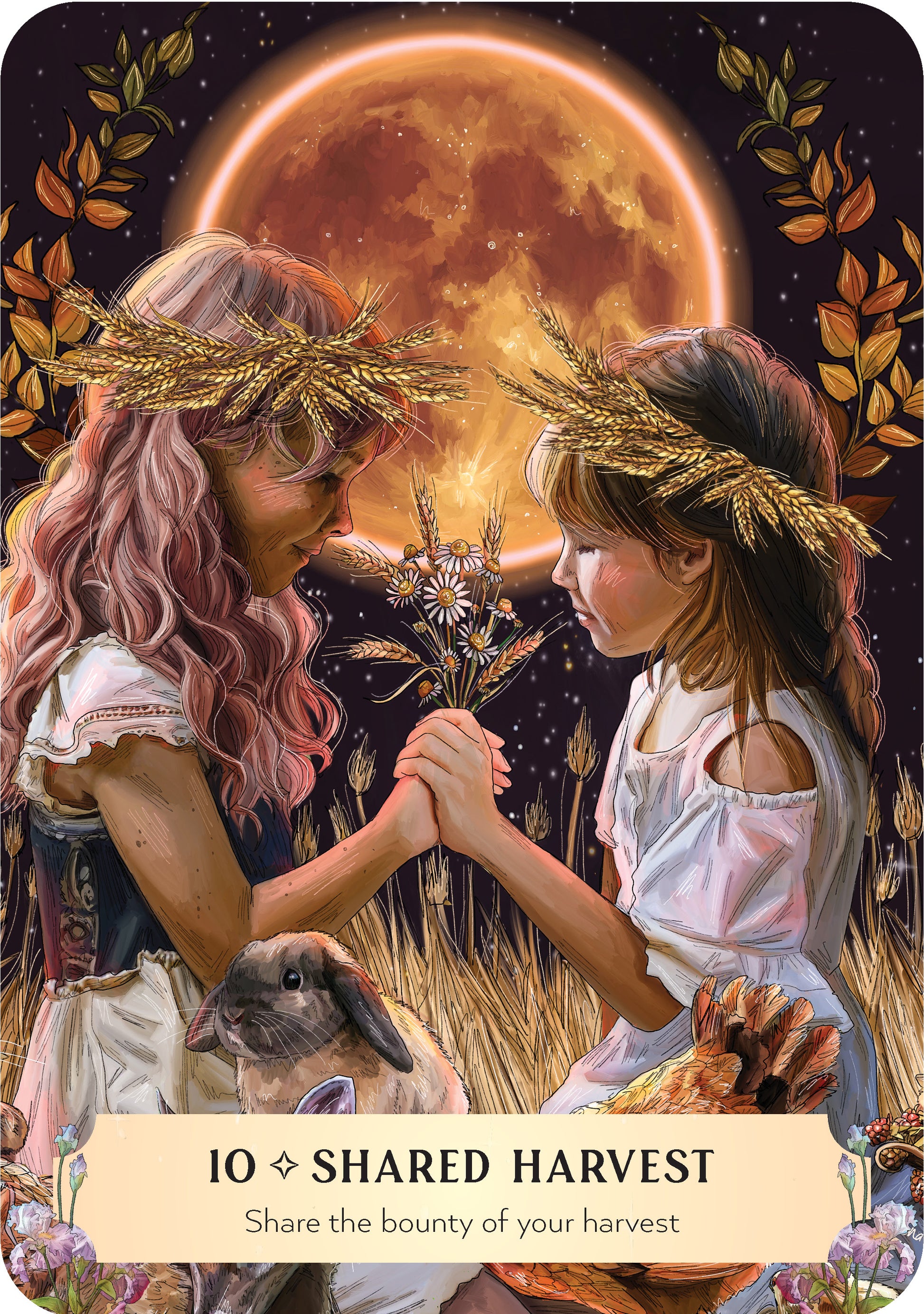 Two girls with wheat crowns holding hands in front of a full moon, with text 'Shared Harvest' at the bottom.