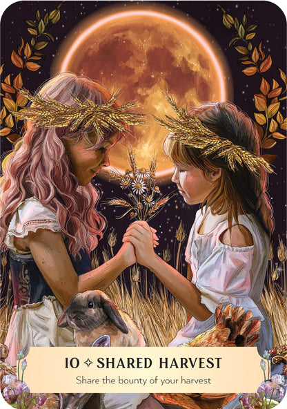 Two girls with wheat crowns holding hands in front of a full moon, with text 'Shared Harvest' at the bottom.
