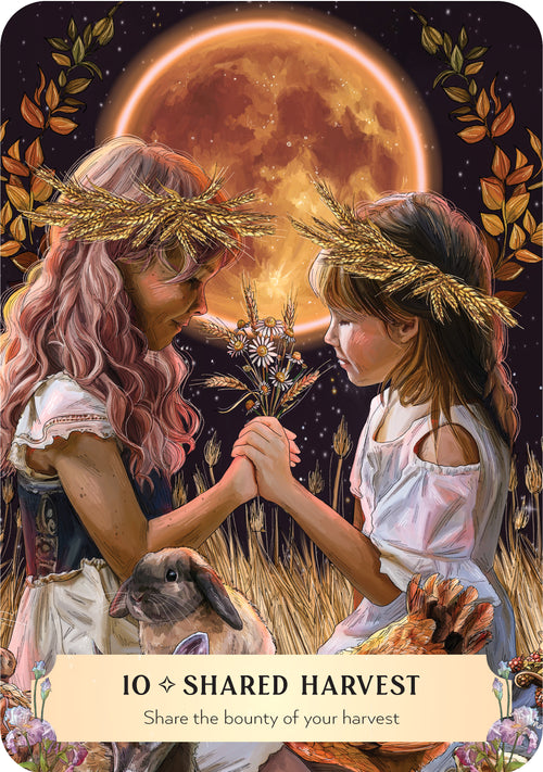 Two girls with wheat crowns holding hands in front of a full moon, with text 'Shared Harvest' at the bottom.