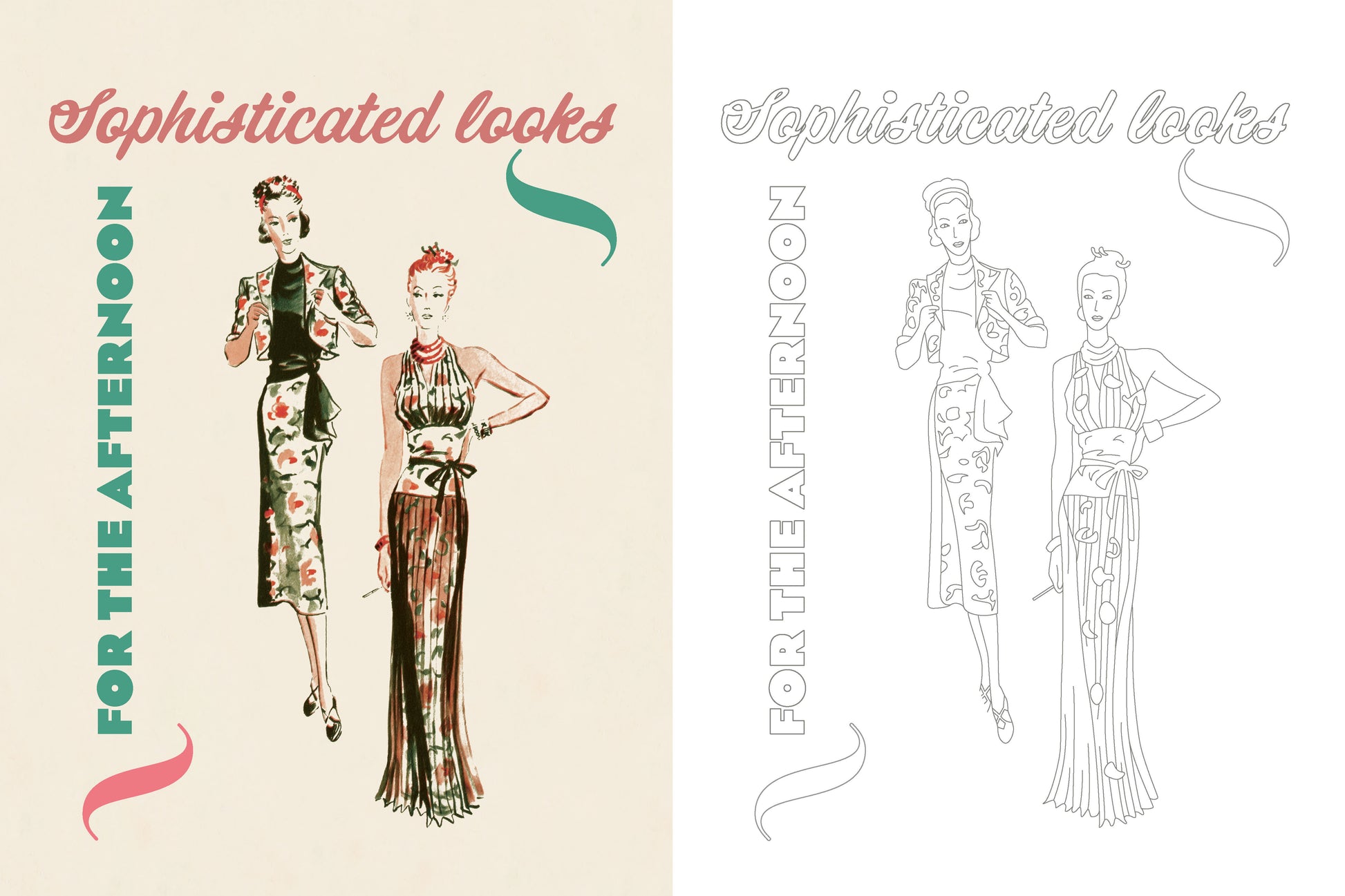 Illustration of two women in vintage outfits with text 'Sophisticated looks for the afternoon' on a beige background.