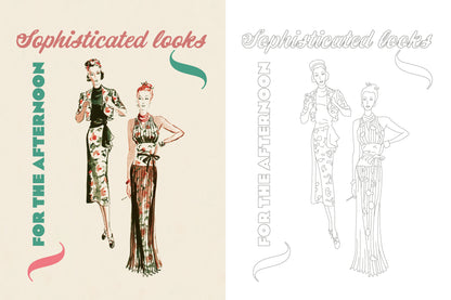 Illustration of two women in vintage outfits with text 'Sophisticated looks for the afternoon' on a beige background.