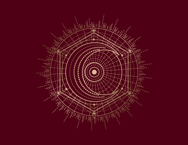 Geometric design with concentric circles and lines on a dark red background
