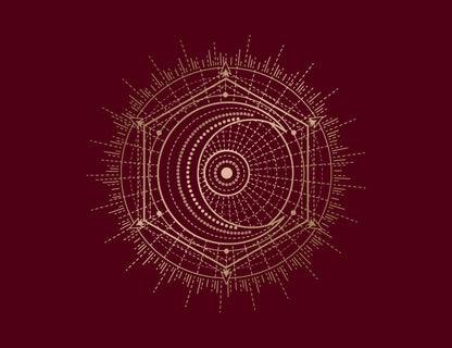 Geometric design with concentric circles and lines on a dark red background