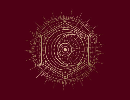 Geometric design with concentric circles and lines on a dark red background