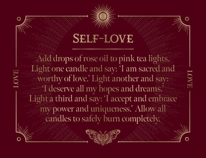 Instructions for a self-love ritual using rose oil and pink tea lights on a dark background with decorative elements.