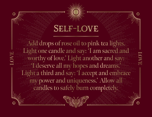 Instructions for a self-love ritual using rose oil and pink tea lights on a dark background with decorative elements.