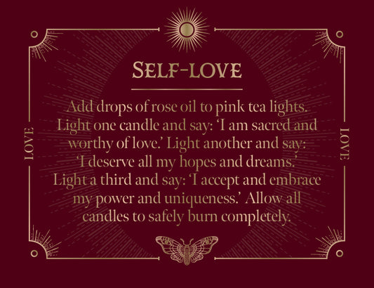 Instructions for a self-love ritual using rose oil and pink tea lights on a dark background with decorative elements.