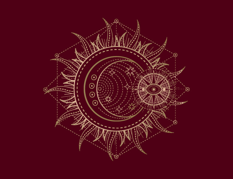 Decorative sun and moon design on a dark red background