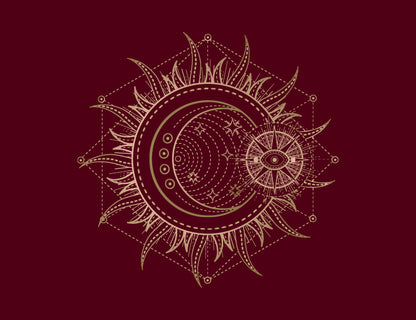 Decorative sun and moon design on a dark red background