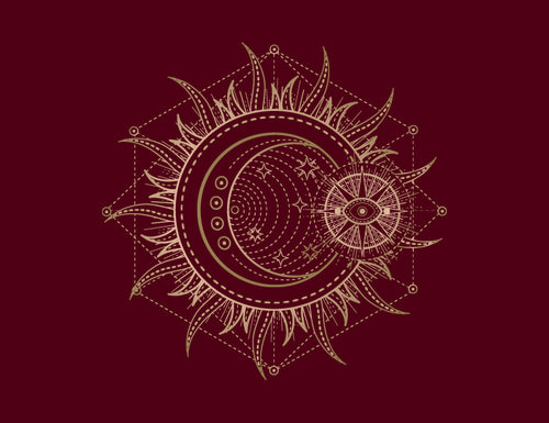 Decorative sun and moon design on a dark red background