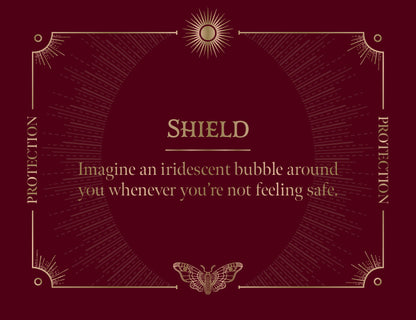 Decorative shield with text on a dark background