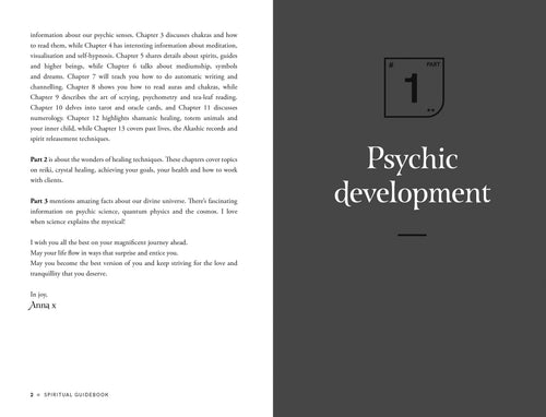 Book or guidebook cover with text on psychic development and a logo on a gray background