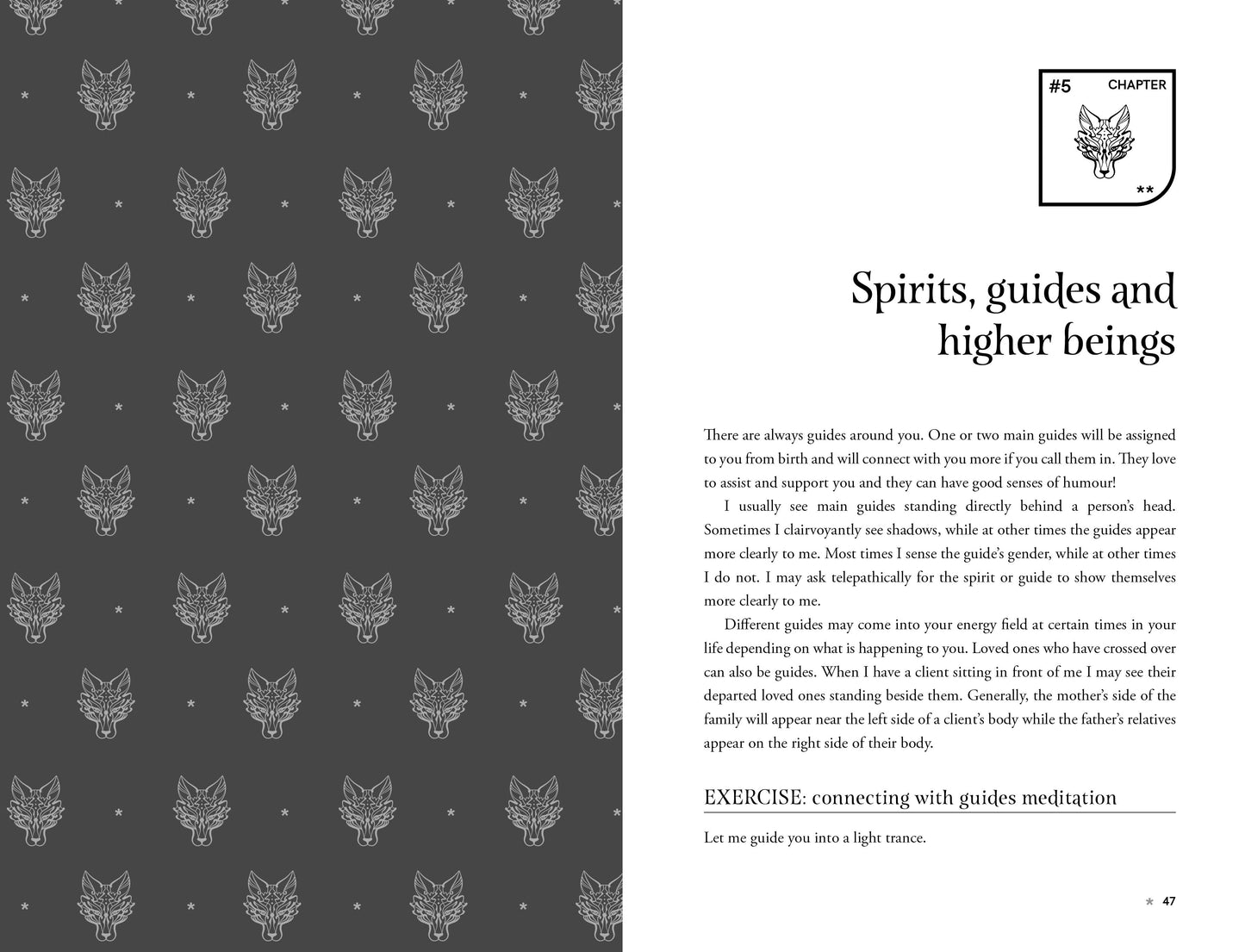 Book page with wolf head pattern on left and text on right, chapter heading 'Spirits, guides and higher beings'.