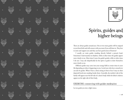 Book page with wolf head pattern on left and text on right, chapter heading 'Spirits, guides and higher beings'.