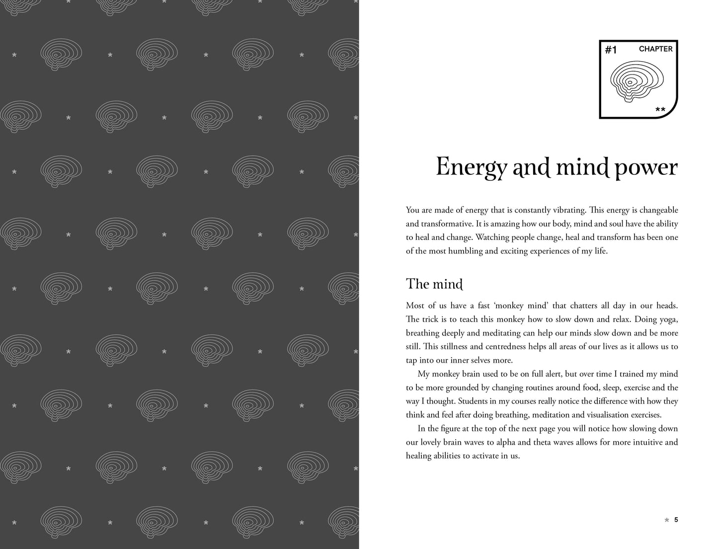 Book page with text on energy and mind power against a patterned background